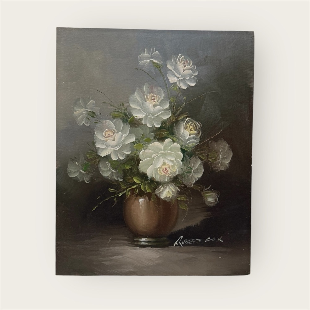 vintage oil painting on board by American artist Robert Cox (1934–2001) floral